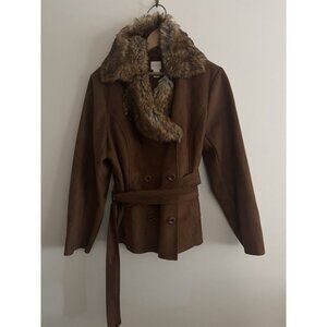 Chicos Faux Suede And fur Collar Short Coat Brown Vintage Style Large